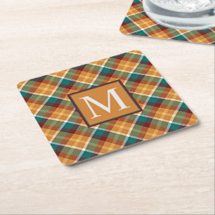 Custom Fall Pumpkin Orange Leaves Green Plaid Square Paper Coaster