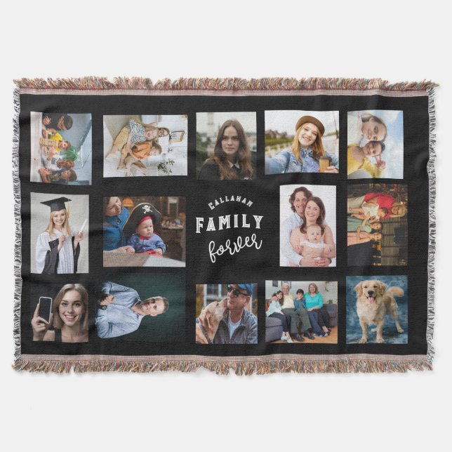 Custom Family 14 Photo Collage Black Wall Throw Blanket (Front)