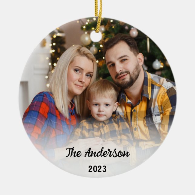 Custom Family 2 Photo & Name Christmas 2023 Gift Ceramic Tree Decoration (Front)