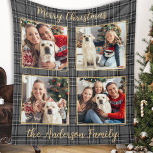 Custom Family 4 Photo Collage Winter Grey Plaid  Fleece Blanket