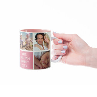 Custom Family 6 Photo Collage Desert Rose Pink Two-Tone Coffee Mug