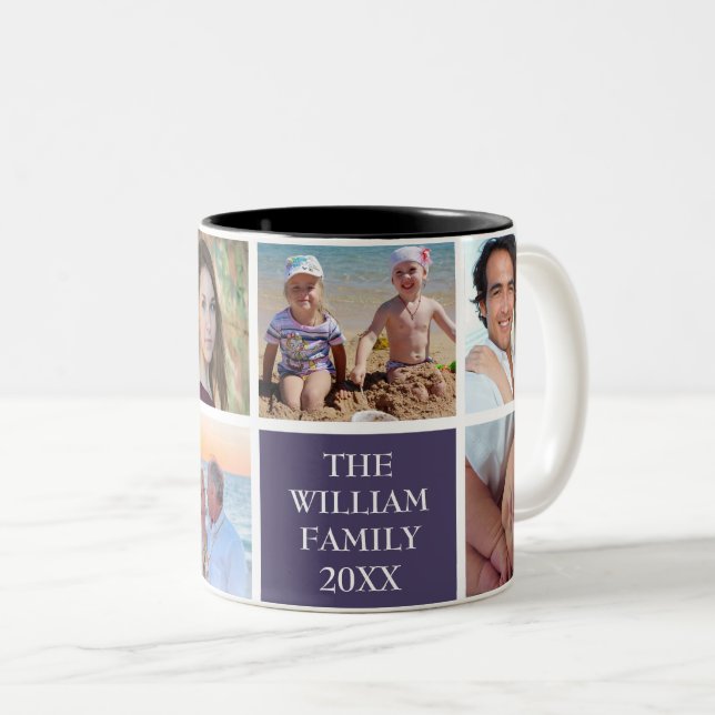 Custom Family 6 Photo Collage Mulberry Purple Two-Tone Coffee Mug (Front Right)