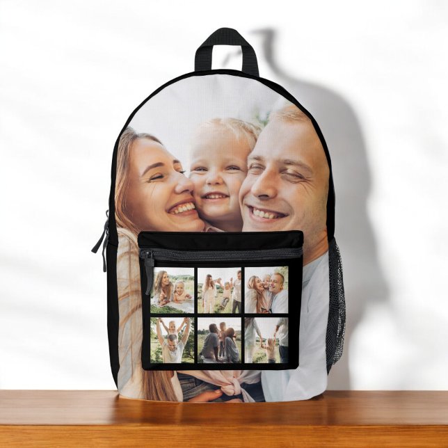 Custom Family 7 Photo Collage Black Printed Backpack (Creator Uploaded)