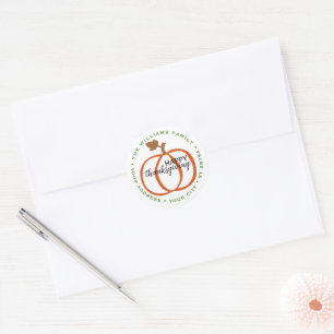 Custom Family Address On Artistic Orange Pumpkin Classic Round Sticker