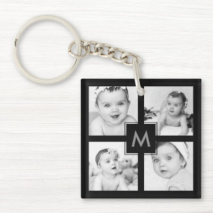 Custom Family Baby Photo Collage Initial Black Key Ring