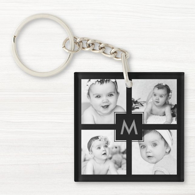 Custom Family Baby Photo Collage Initial Black Key Ring (Creator Uploaded)