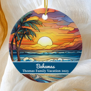 Custom Family Bahamas Vacation Faux Stained Glass Ceramic Tree Decoration