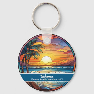 Custom Family Bahamas Vacation Faux Stained Glass Key Ring