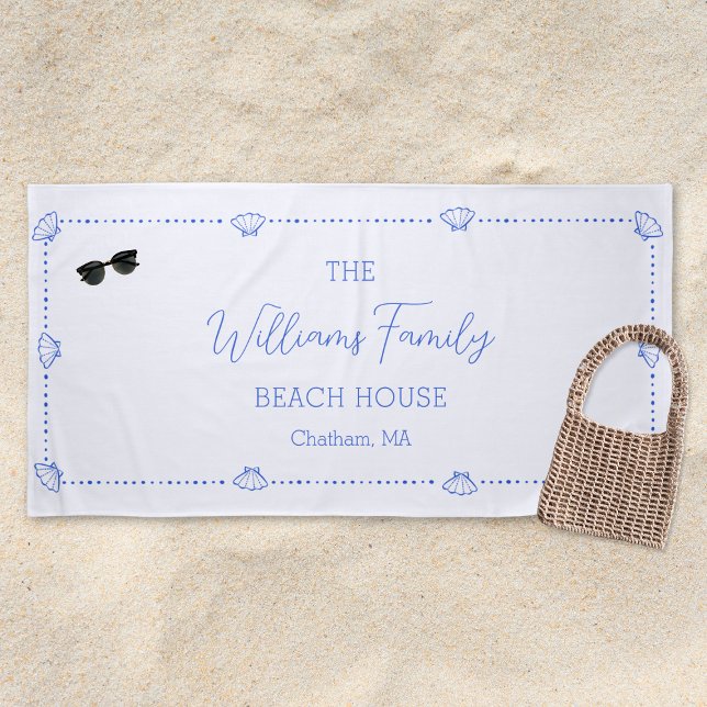 Custom Family Beach House Coastal Blue Shell Chic Beach Towel (Creator Uploaded)