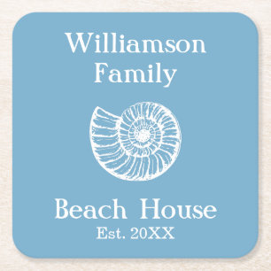 Custom Family Beach House Shell Blue Square Paper Coaster