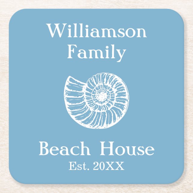 Custom Family Beach House Shell Blue Square Paper Coaster (Front)