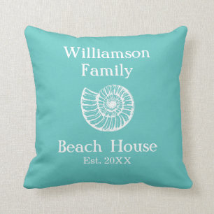 Custom Family Beach House Shell Turquoise Cushion
