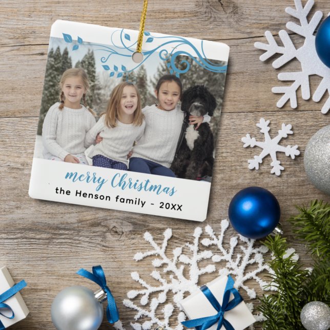 Custom Family Blue Foliage Merry Christmas Photo Ceramic Ornament (Creator Uploaded)