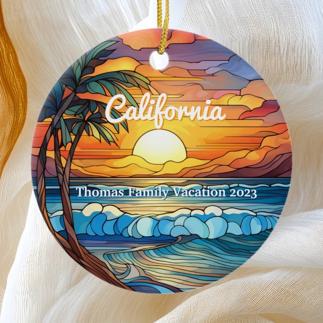 Custom Family California Trip Faux Stained Glass Ceramic Tree Decoration (Creator Uploaded)