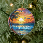 Custom Family Cancun Vacation Faux Stained Glass Ceramic Tree Decoration<br><div class="desc">Cute personalizable Cancun Trip souvenir.

Customisation:
Change Caption and year to make it unique.</div>