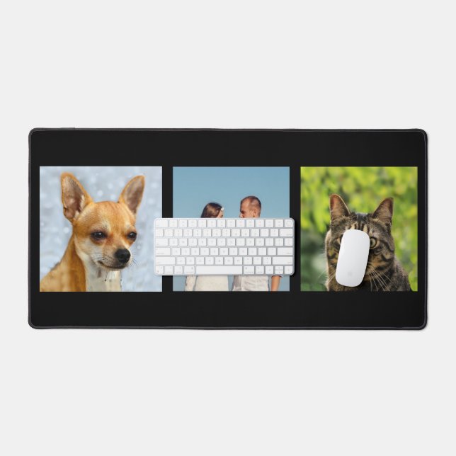 Custom Family, Cat and Dog Photos on Black Desk Mat (Keyboard & Mouse)