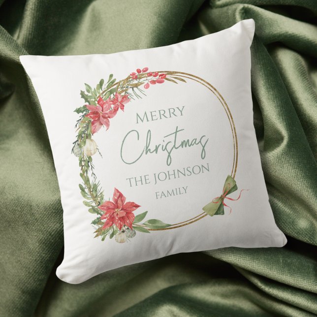 Custom Family Christmas Botanical Golden Wreath Cushion (Creator Uploaded)