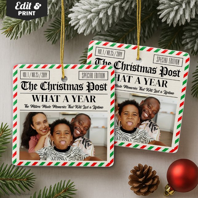 Custom Family Christmas Newspaper What a Year Ceramic Ornament (Custom Family Christmas Newspaper What a Year Ceramic Ornament)