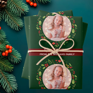 Custom Family Christmas Photo Festive Green Red Wrapping Paper Sheet