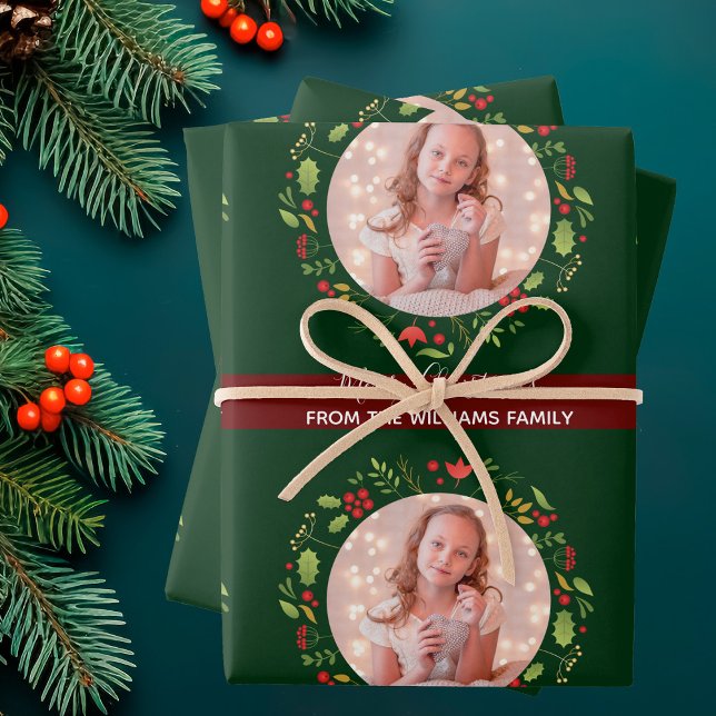 Custom Family Christmas Photo Festive Green Red Wrapping Paper Sheet (Creator Uploaded)
