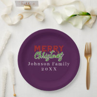 Custom Family Christmas Purple Paper Plate
