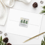 Custom Family Christmas Tree Farm Holiday Square Sticker<br><div class="desc">Custom Christmas Tree Farm envelope seal sticker in green, charcoal grey, and white colours. Features a modern rustic design with 3 fresh-cut green watercolor Christmas trees with bright sting lights and a grey winter snow background. Personalise with with your choice of "Merry Christmas" or other greeting and your family name....</div>