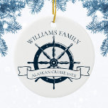 Custom Family Cruise Ship Nautical Wheel Monogram Ceramic Tree Decoration<br><div class="desc">Chic custom summer vacation Christmas ornament gift for your beach cruise on the ocean featuring a navy blue boat steering wheel. This nautical themed design is perfect for classy matching family reunion keepsakes to commemorate the special trip. Personalise with your last name and year.</div>