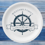 Custom Family Cruise Ship Vintage Nautical Wheel Paper Plate<br><div class="desc">Chic custom summer vacation paper plate for your beach cruise on the ocean featuring a navy blue boat steering wheel. This nautical themed design is perfect for classy matching family reunion keepsakes to commemorate the special trip. Personalise with your last name and year.</div>