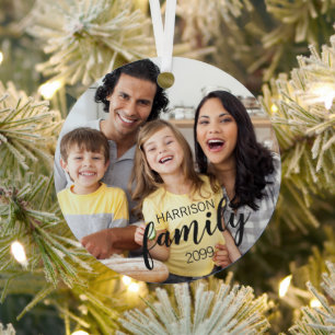 Custom FAMILY (dark text) 2-Photo Keepsake Ornamen Metal Tree Decoration