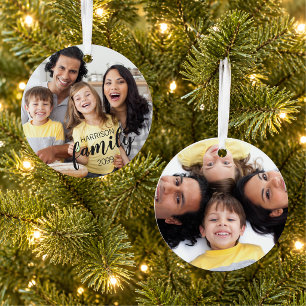Custom FAMILY (dark text) 2-Photo Keepsake Ornamen Metal Tree Decoration