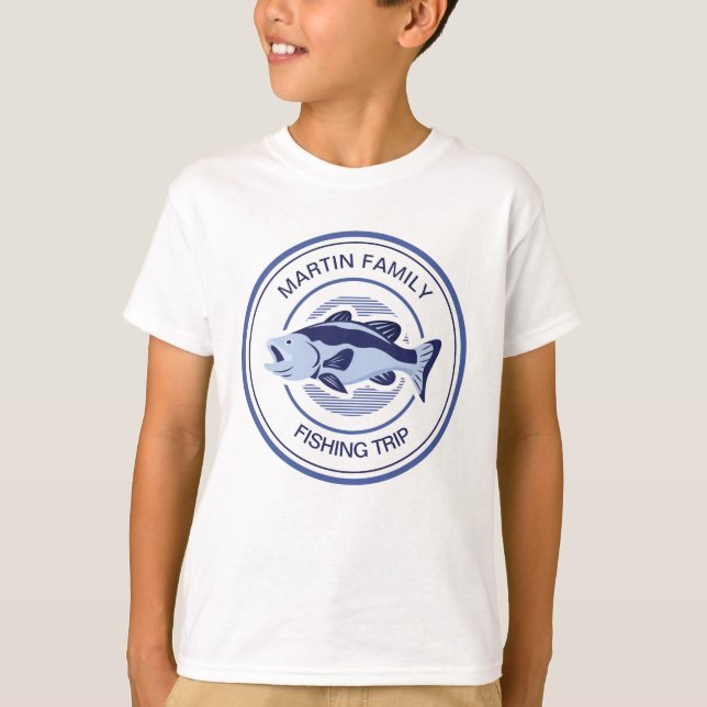 Custom Family Fishing Trip Blue Lake Bass Kids T-Shirt (Front)