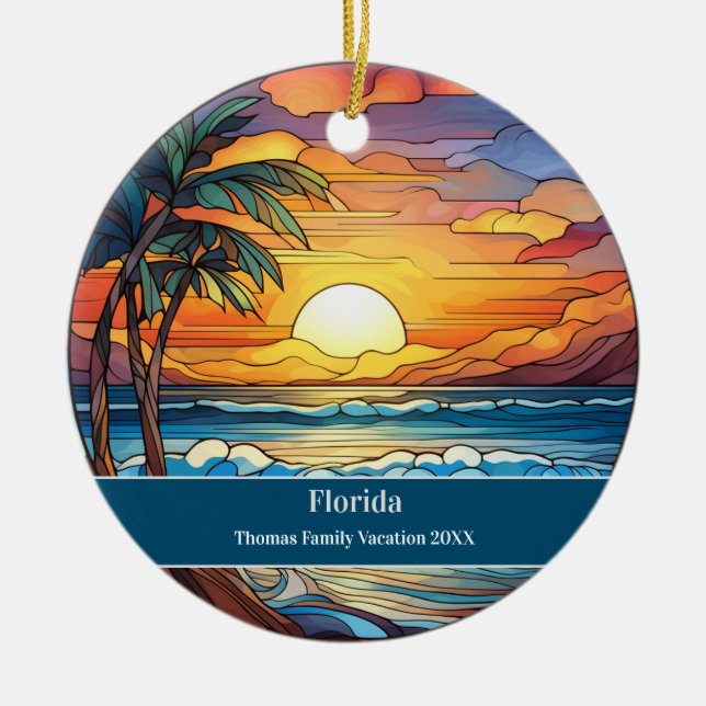 Custom Family Florida Beach Vacation Ceramic Tree Decoration (Front)