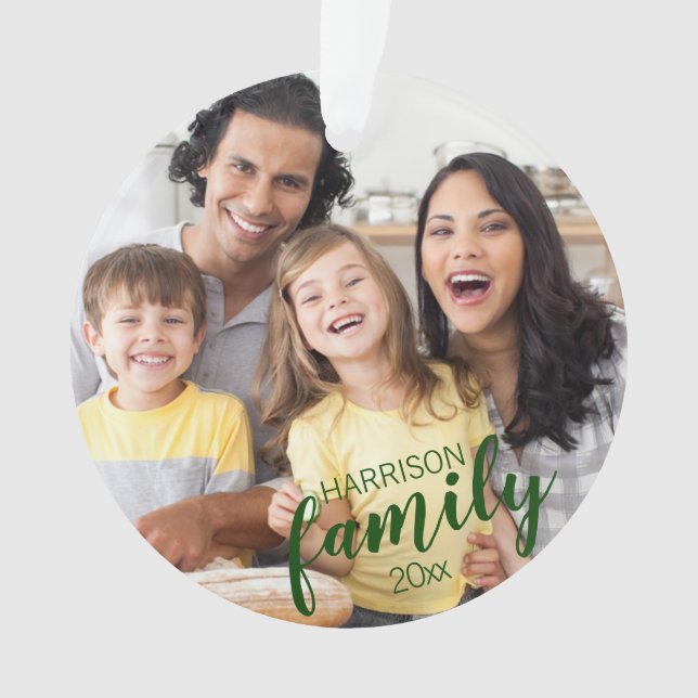 Custom FAMILY Green Script 2 Photo Keepsake Ornament (Front)