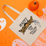Custom Family Halloween Annual Party Skeleton Tote Bag<br><div class="desc">Cool custom annual family Halloween party tote bag that features a creepy skeleton hanging over spooky orange and black text and an awesome Jack O Lantern. Customise these trick or treat bags with your big bash information for all of your guests.</div>