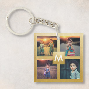 Custom Family Kids Photo Collage Gold Monogram Key Ring