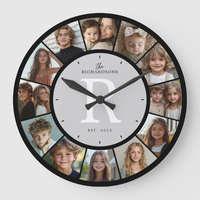 Custom Family Monogram Name Year 12 Photo Collage Large Clock (Front)