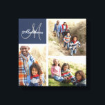 Custom Family Monogram Photo Collage Canvas Print<br><div class="desc">Custom Family Monogram Photo Collage Canvas Print | Preppy Navy Blue. Elke Clarke © for Monogram Gallery. Elegant monogrammed canvas wall art print template you can customise with 3 (three) of your own family photos arranged in a photo collage. Personalise with your family's last name written in a white script...</div>