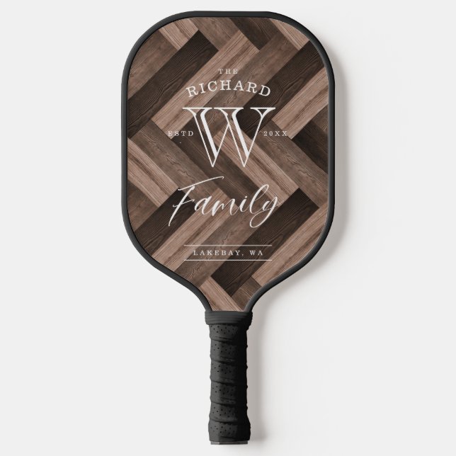 Custom Family Monogram Wood Herringbone Pattern Pickleball Paddle (Front)