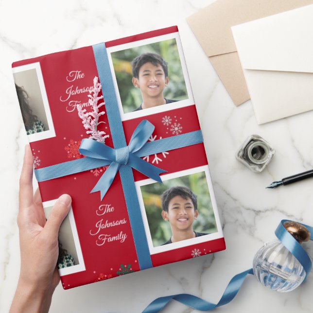 Custom Family Name & 5 Photo Pet Christmas Festive Wrapping Paper (Gifting)