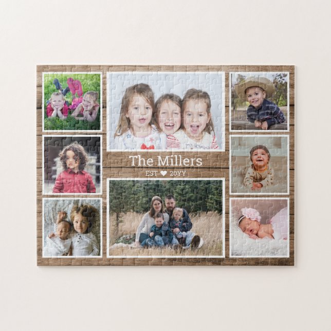 Custom Family Name 8 Photo Collage Rustic Wood Jigsaw Puzzle (Horizontal)