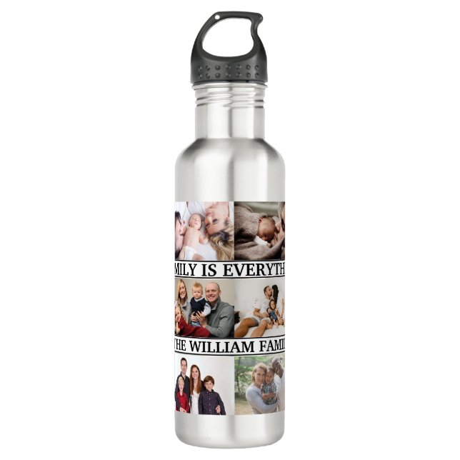 Custom family name and 12 Photo Collage family 710 Ml Water Bottle (Front)