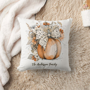 Custom Family Name Autumn Floral Coquette Pumpkin Cushion
