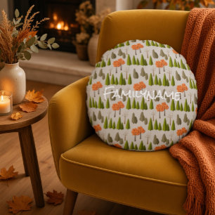 Custom Family Name Autumn Tree Pattern Round Cushion
