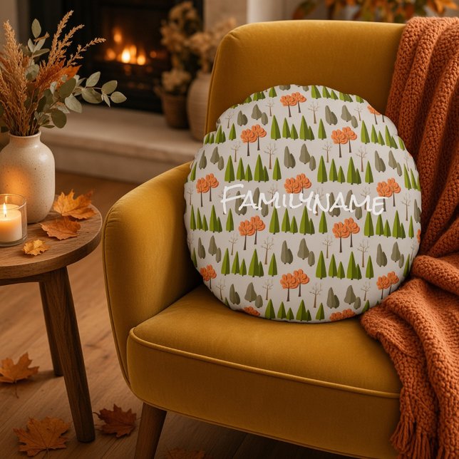 Custom Family Name Autumn Tree Pattern Round Cushion (Creator Uploaded)
