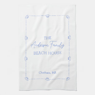 Custom Family Name Beach House Coastal Blue Shell Tea Towel