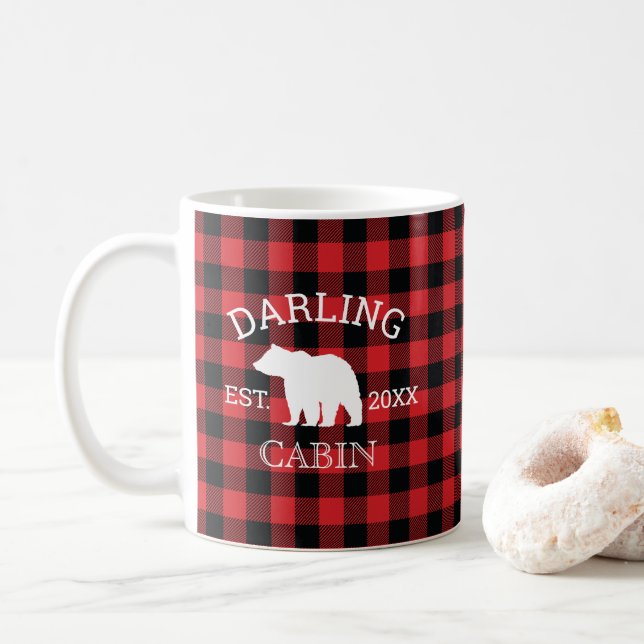 Custom Family Name Bear Buffalo Check Rustic Coffee Mug (With Donut)