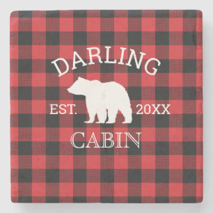 Custom Family Name Bear Buffalo Check Rustic Stone Coaster