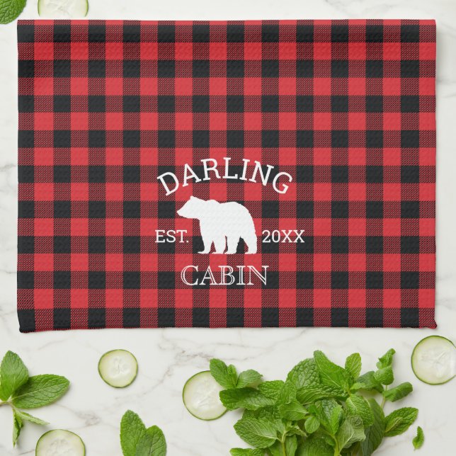 Custom Family Name Bear Buffalo Check Rustic Tea Towel (Folded)