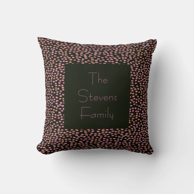 Custom Family Name Black and Pink Dotted Retro Cushion (Front)