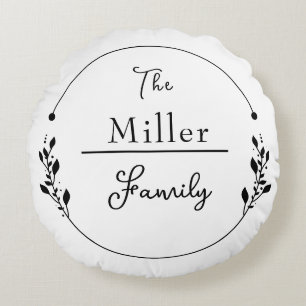 Custom Family Name Black and White Circle Design Round Cushion